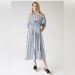 NWT Never A Wallflower Gray Black Stripe Midi Dress Puff Sleeve M
